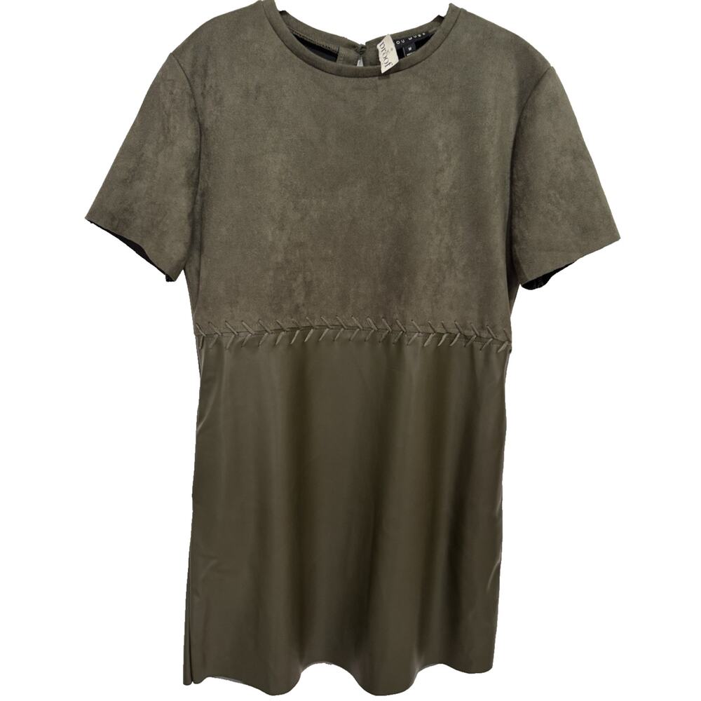 Miou Muse Olive Green Empire Waist Shift Dress Faux Suede/Leather Pockets Sz M